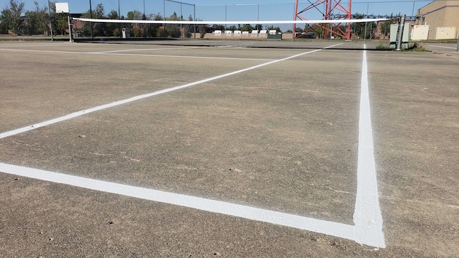 Newly painted tennis court with a new net at Minot Air Force Base North Dakota.  5th Civil Engineering Squadron contracted a new painting of the lines and replaced the tennis nets in August, 2020. (U.S. Air Force photo by Staff Sgt. Steven Adkins)