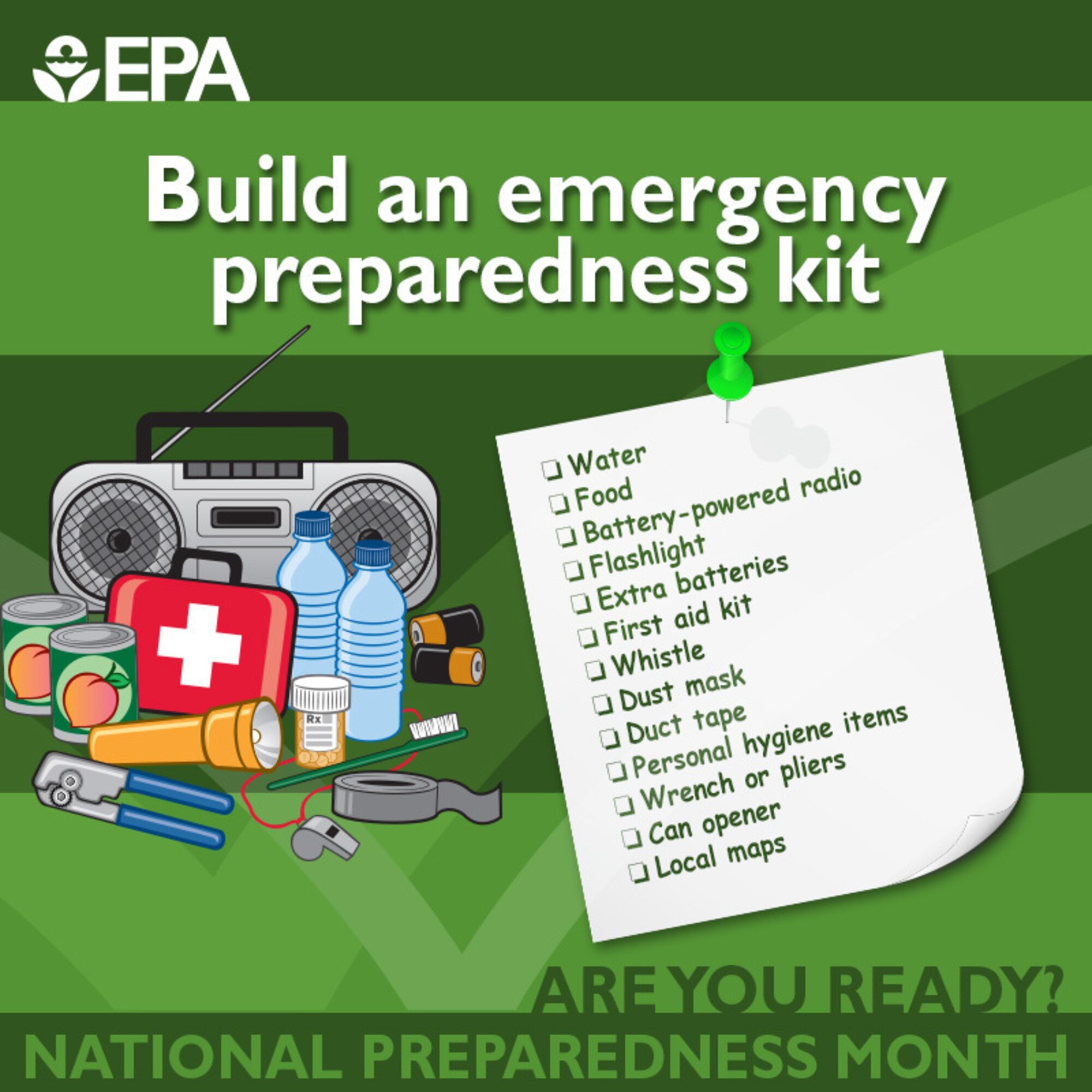 This is an infographic for emergency preparedness month on items to include in an emergency kit.