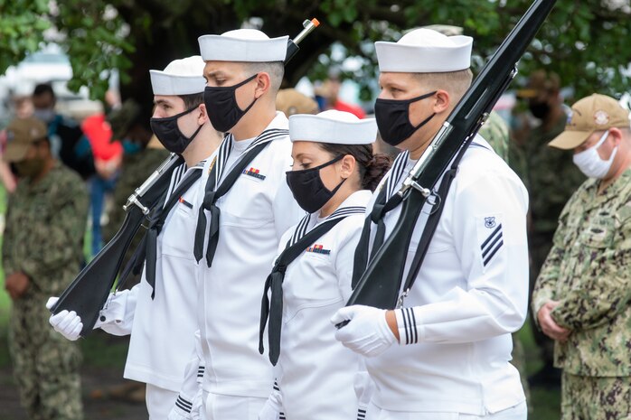 Norfolk Naval Shipyard Sailors provided a color guard for the Patriot Day Ceremony Sept. 11, 2020. Members of the color guard bowed their heads in prayer to honor the fallen from Sept. 11, 2001.