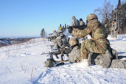 Members of 1st Battalion, 297th Infantry Regiment based in Joint Base Elmendorf-Richardson, Alaska, and part of the Alaska National Guard, conduct unit level marksmanship tasks in the Yukon Training Area Feb. 28, on Eielson Air Force Base as part of exercise Arctic Eagle 2020.