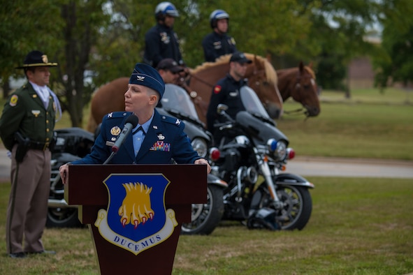 Col. Emily Farkas, 22nd Maintenance Group commander, speaks at the Patriot Day Retreat Ceremony Sept. 11, 2020, at McConnell Air Force Base, Kansas. The ceremony was held to honor the civilians and first responders who lost their lives during the 9/11 terrorist attacks. (U.S Air Force photo by Airman 1st Class Marc A. Garcia)