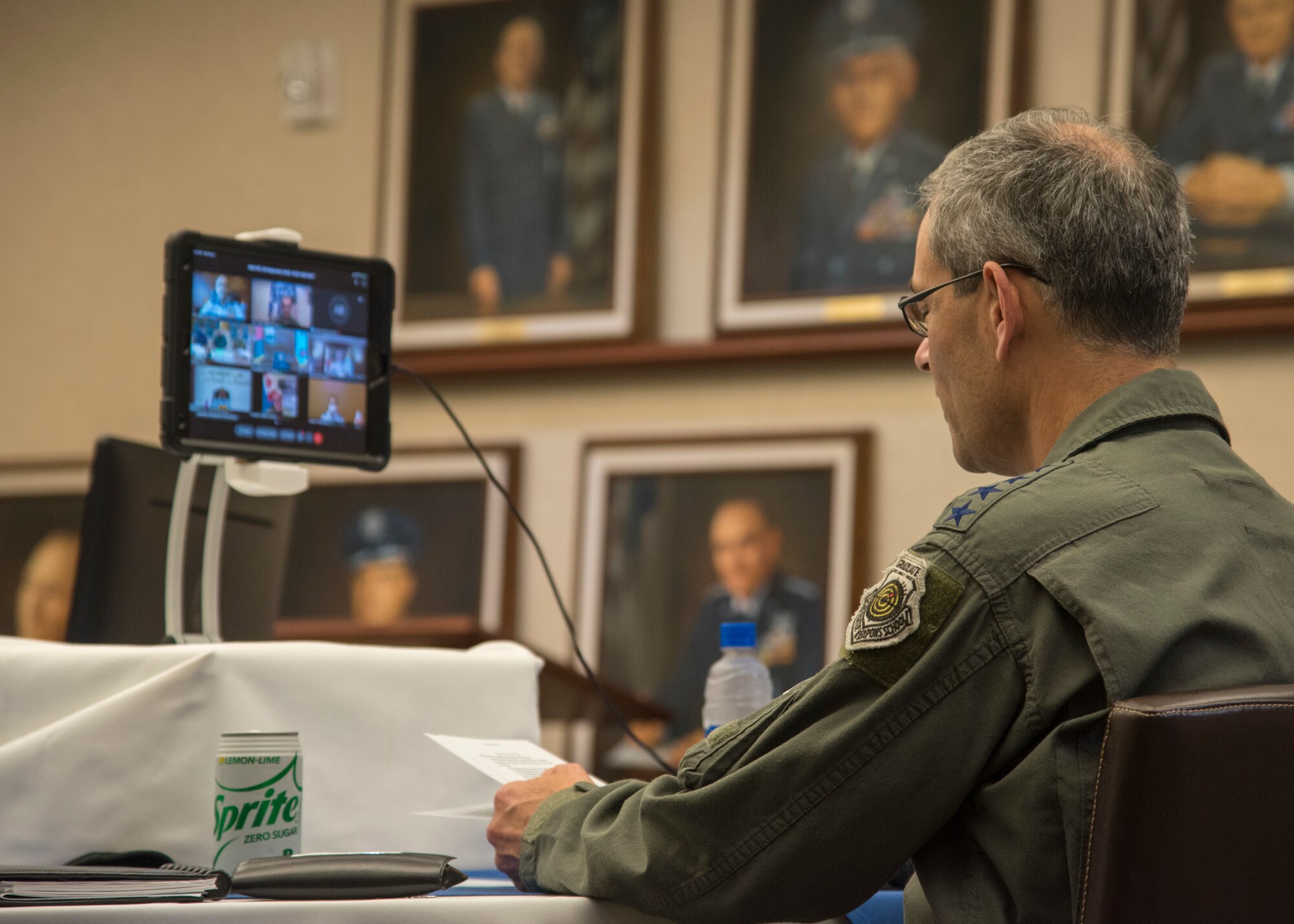 Gen. Ken Wilsbach, Pacific Air Forces commander, greets various pacific air chiefs during a virtual teleconference at Joint Base Pearl Harbor-Hickam, Hawaii, Sept. 9, 2020. The two topics of the virtual discussion included COVID-19 lessons learned and mitigating the impacts of severe weather. A total of 19 air forces throughout the Indo-Pacific participated, including France and Canada. (U.S. Air Force photo by Staff. Sgt. Mikaley Kline)