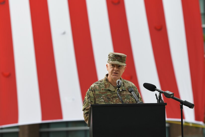 Col. Tyler R. Schaff, 316th Wing and Joint Base Andrews commander, addresses the attendees during the 9/11 remembrance ceremony at Heritage Park, JBA, Md., Sept. 11, 2020.
