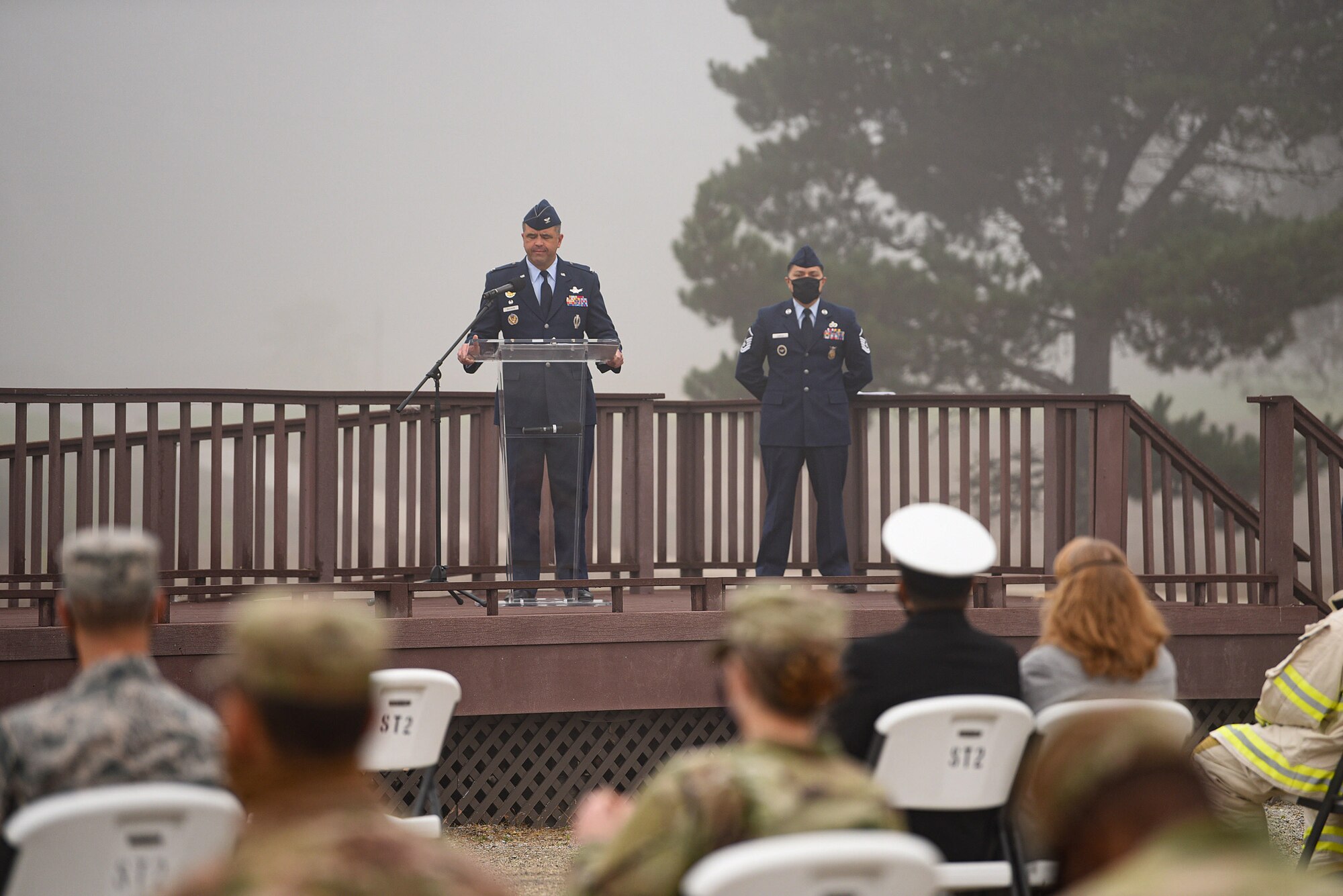 Col. Anthony Mastalir, 30th Space Wing commander, gives a speech during the annual 9/11 Remembrance Ceremony Sept. 11, 2020, at Vandenberg Air Force Base, Calif. The speeches during the ceremony honored first responders and citizens who lost their lives in the terrorist attacks in New York City, New York, at the Pentagon and Pennsylvania on Sept. 11, 2001. The ceremony also featured a bell ringing, silent march and an honor guard. (U.S. Air Force photo by Senior Airman Hanah Abercrombie)