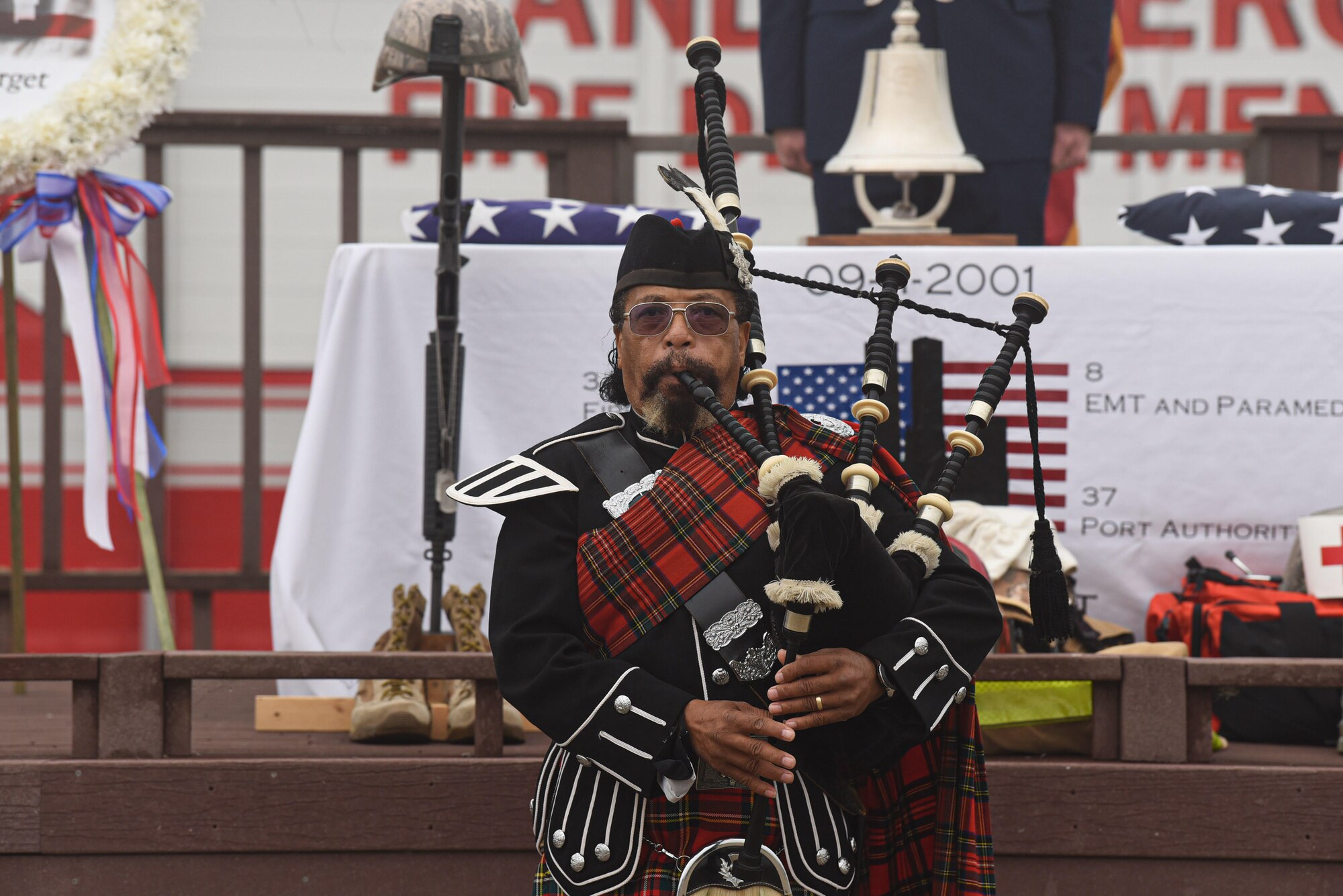 A bag pipe player performs ‘Amazing Grace’ during the during the annual 9/11 Remembrance Ceremony Sept. 11, 2020, at Vandenberg Air Force Base, Calif. The ceremony honored first responders and citizens who lost their lives in the terrorist attacks on Sept. 11, 2001. The attacks killed roughly 3,000 people, including citizens from over 78 countries. (U.S. Air Force photo by Senior Airman Hanah Abercrombie)