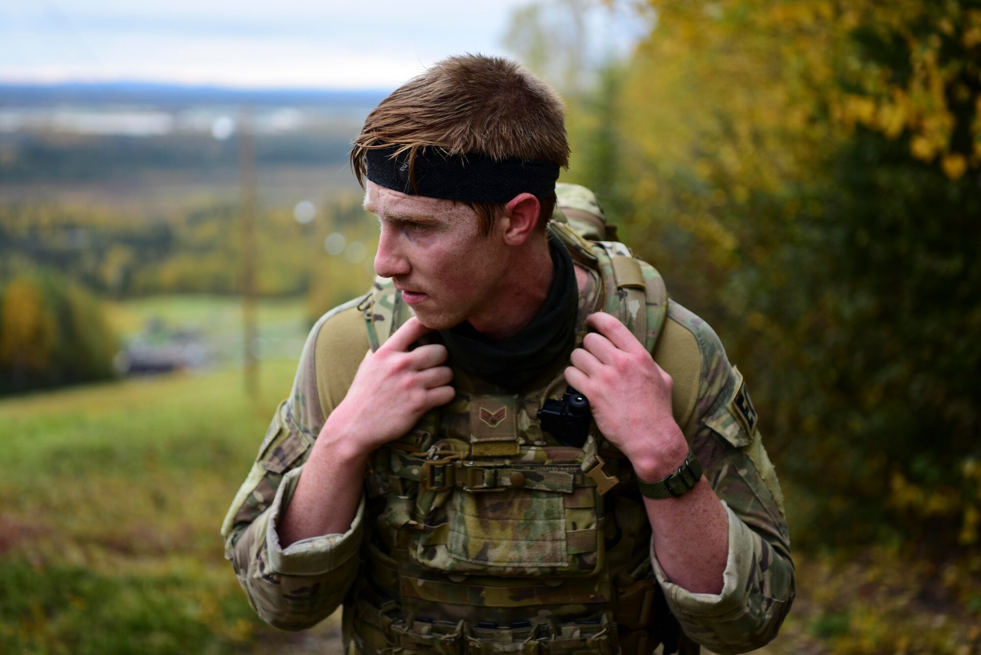 U.S. Air Force Senior Airman Nickolas Phelps, a 354th Civil Engineering Squadron explosive ordnance disposal apprentice, participates in a 9/11 Remembrance Ruck on Eielson Air Force Base, Alaska, Sept. 11, 2020.