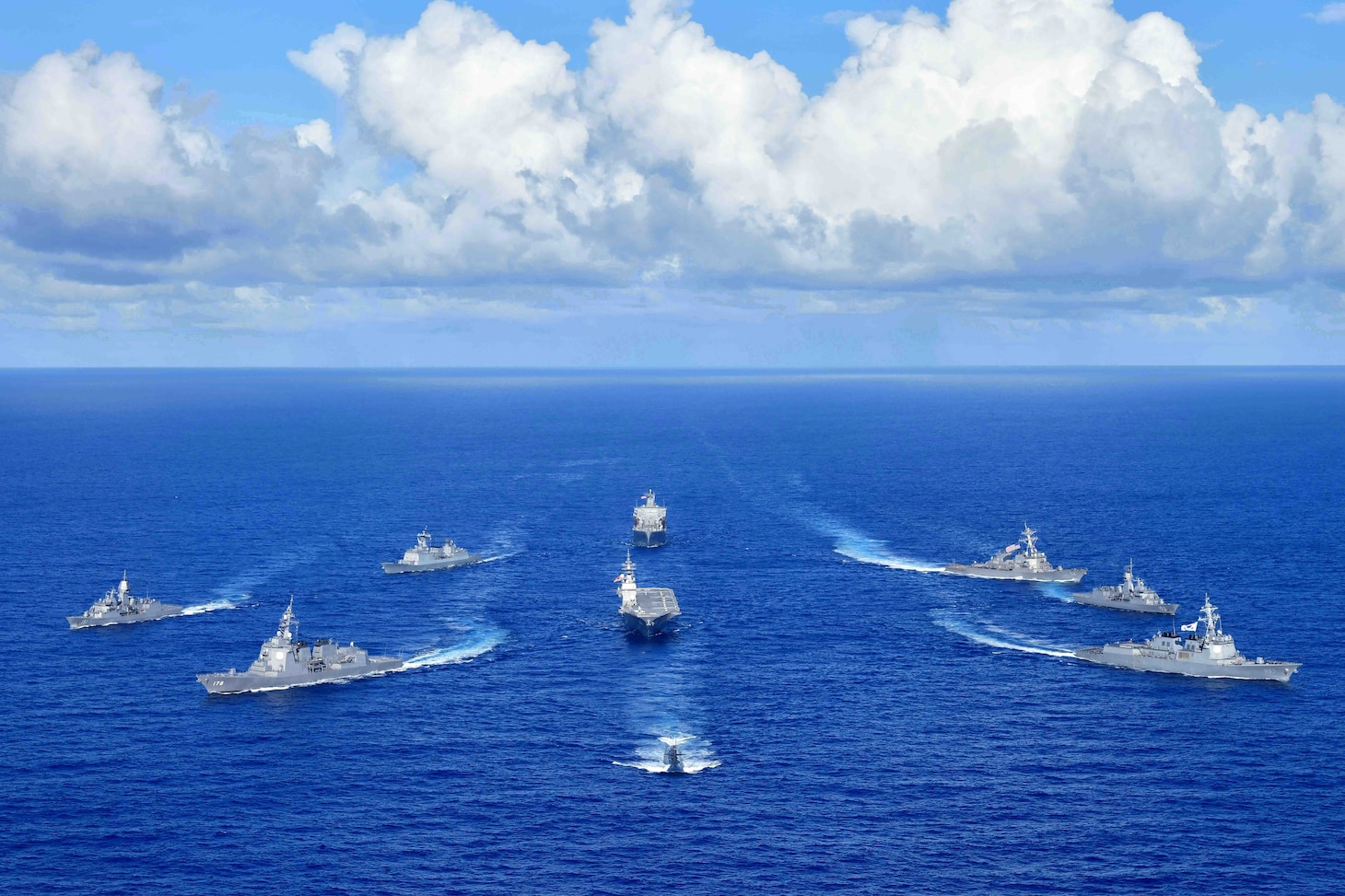 PACIFIC OCEAN (Sept. 11, 2020) – Royal Australian Navy, Republic of Korea Navy, Japan Maritime Self-Defense Force, and United States Navy warships sail in formation during the Pacific Vanguard 2020 exercise. Pacific Vanguard serves as an opportunity to exercise and improve multinational interoperability at all levels; to improve tactical proficiency; and to adapt to ever changing regional challenges. Arleigh Burke-class guided-missile destroyer USS Barry (DDG 52) is underway conducting operations in support of security and stability in the Indo-Pacific while assigned to Destroyer Squadron (DESRON) 15, the Navy’s largest forward-deployed DESRON and the U.S. 7th Fleet’s principal surface force.