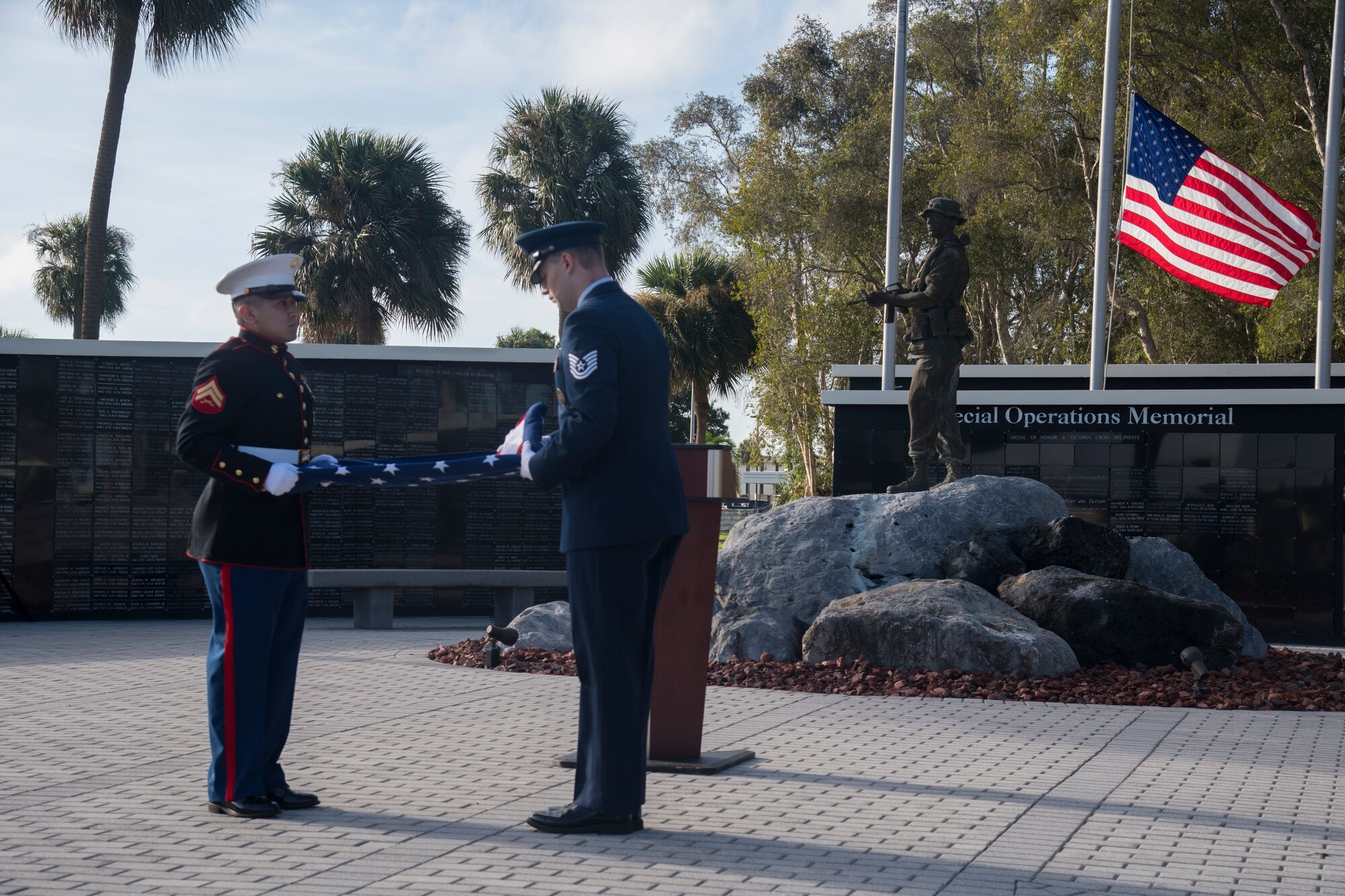 Members of the U.S. Special Operations Command Color Guard perform a flag fold during a 9/11 Observance Ceremony Sept. 11, 2020, at MacDill Air Force Base, Fla.