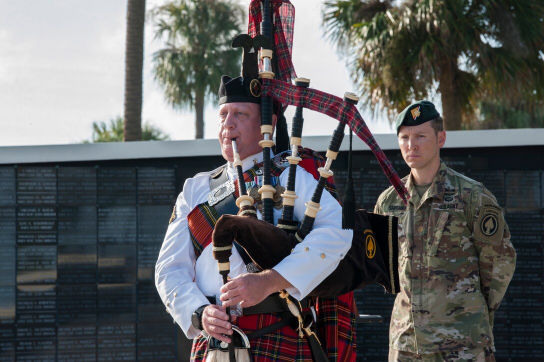 Jeffrey Williams performs a bagpipe rendition of “Amazing Grace” during a 9/11 Observance Ceremony Sept. 11, 2020, at MacDill Air Force Base, Fla.