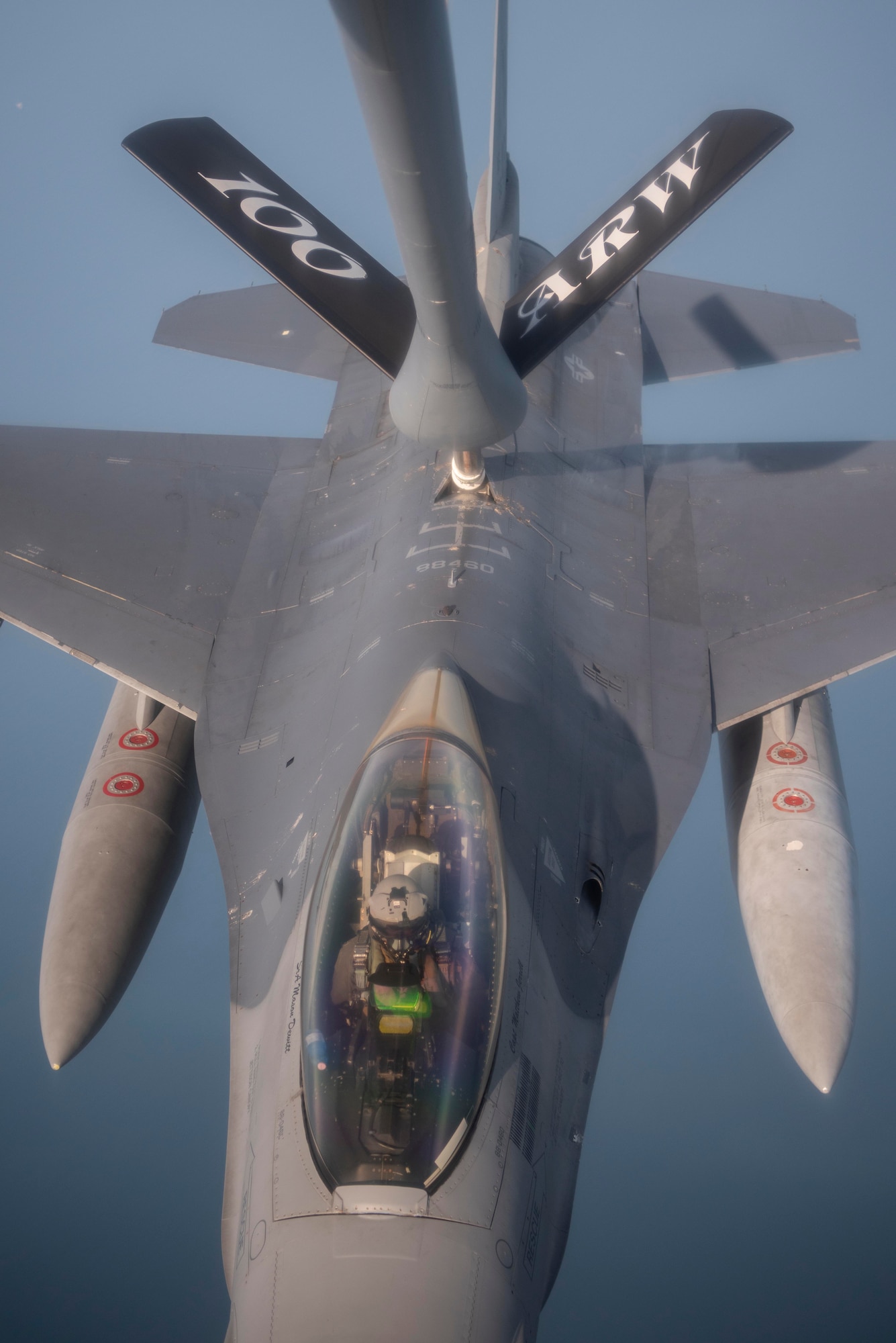 An F-16 Fighting Falcon aircraft assigned to the 31st Fighter Wing, Aviano Air Base, Italy, receives fuel from a KC-135 Stratotanker aircraft assigned to the 100th Air Refueling Wing, Royal Air Force Mildenhall, England, during exercise Point Blank over the North Sea, Sept. 10, 2020. The KC-135 Stratotanker supports global strike capabilities by increasing the range of fighter and bomber aircraft through its aerial refueling ability. (U.S. Air Force photo by Airman 1st Class Joseph Barron)