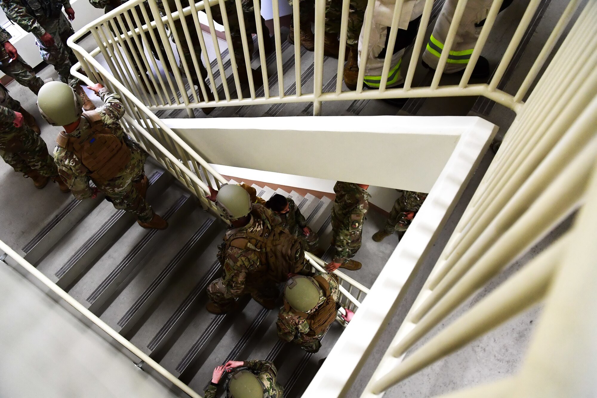 Team Osan participates in a stair climb at Osan Air Base, Republic of Korea, Sept. 11, 2020. The 51st Civil Engineer Squadron’s Fire Department hosted Patriot Day in honor of the sacrifices made by emergency responders during the attacks that occurred during 9/11. (U.S. Air Force photo by Senior Airman Noah Sudolcan)