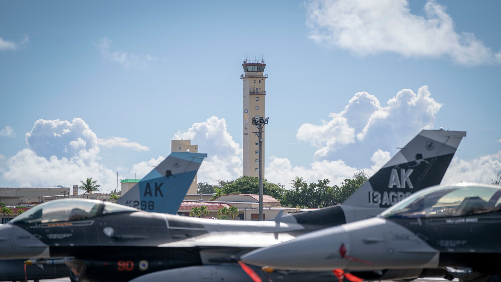 U.S. Air Force F-16 Fighting Falcons assigned to the 18th Aggressor Squadron, Eielson Air Force Base, Alaska, sit on the flightline in support of Valiant Shield 2020 at Andersen AFB, Guam, Sept. 11, 2020.