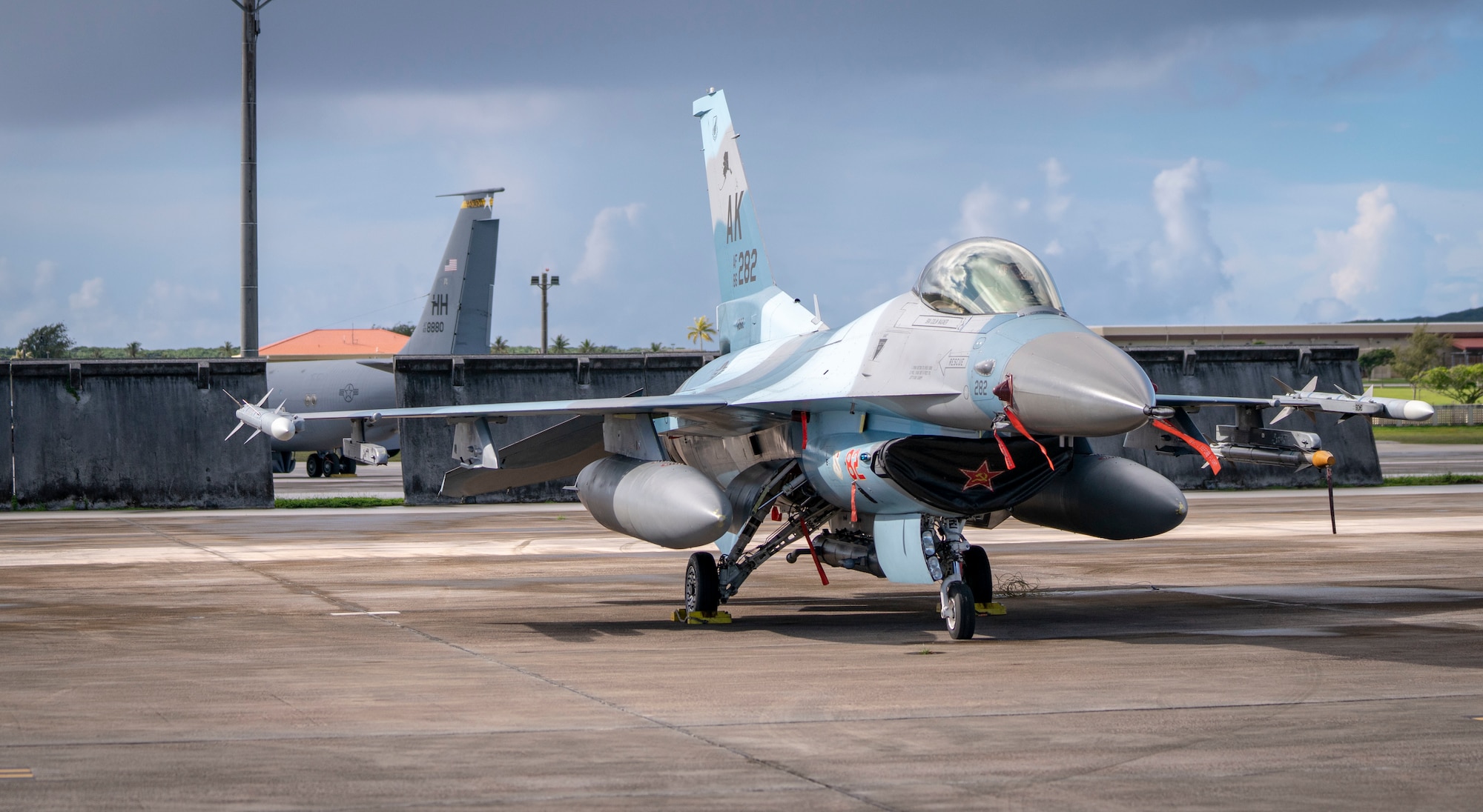 A U.S. Air Force F-16 Fighting Falcon assigned to the 18th Aggressor Squadron, Eielson Air Force Base, Alaska, sits on the flightline in support of Valiant Shield 2020 at Andersen AFB, Guam, Sept. 11, 2020.