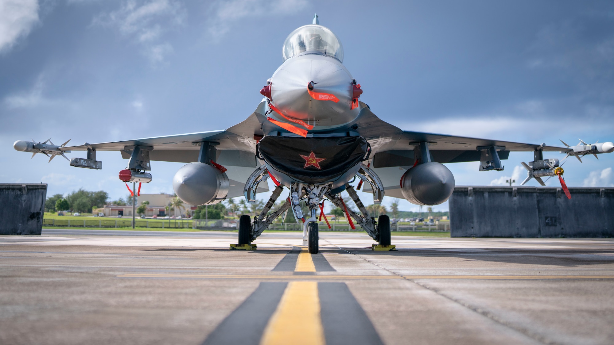 A U.S. Air Force F-16 Fighting Falcon assigned to the 18th Aggressor Squadron, Eielson Air Force Base, Alaska, sits on the flightline in support of Valiant Shield 2020 at Andersen AFB, Guam, Sept. 11, 2020.