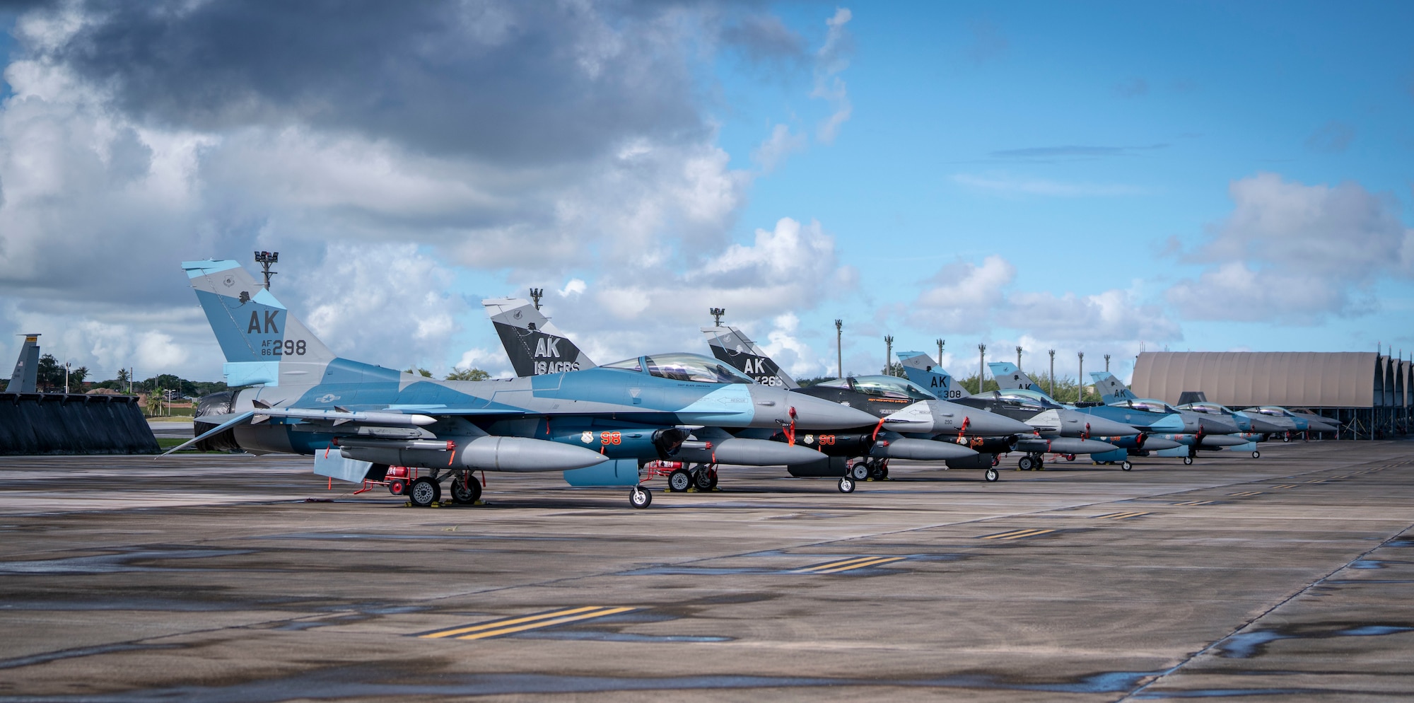 U.S. Air Force F-16 Fighting Falcons assigned to the 18th Aggressor Squadron, Eielson Air Force Base, Alaska, sit on the flightline in support of Valiant Shield 2020 at Andersen AFB, Guam, Sept. 11, 2020.