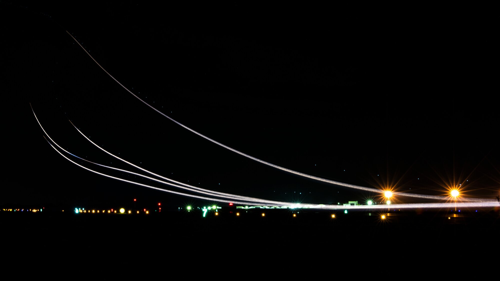 Four F-16 Fighting Falcons, assigned to the 510th Fighter Squadron, Aviano Air Base, Italy, take off from Royal Air Force Lakenheath, England, Sept. 10, 2020. The 510th FS is conducting close air support training with the 321st Special Tactics Squadron, the 19th Regiment Royal Artillery and the 2nd Air Support Operations Squadron to improve combat capabilities and interoperability between allied nations. (U.S. Air Force photo by Airman 1st Class Jessi Monte)