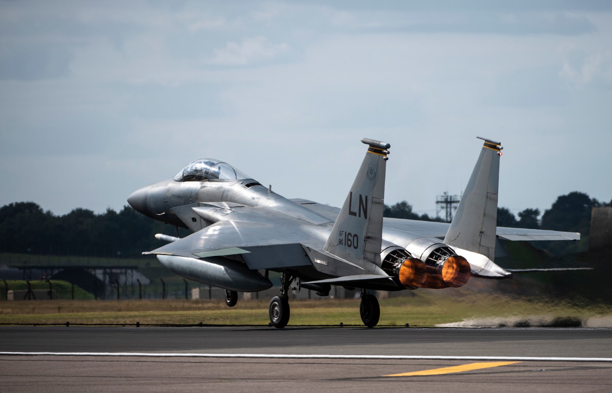 An F-15C Eagle assigned to the 493rd Fighter Squadron takes off in support of exercise Point Blank 20-4 at Royal Air Force Lakenheath, England, Sept. 10, 2020.  Exercises like Point Blank increase interoperability and collective readiness with other NATO forces, deter potential adversaries and ensure the skies above the European theater remain sovereign. (U.S. Air Force photo by Airman 1st Class Jessi Monte)