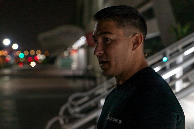 United States Marine Corps Staff Sgt. Luke Keith, a Career Planner assigned to the 12th Marine Corps District, shares his experience during a stair walk at the San Diego Convention Center, San Diego, Calif., Sept. 11, 2020. The Marines simulated walking up and down one World Trade Center tower by traversing 110 flights of stairs. (U.S. Marine Corps photo by Sgt. Christian Cachola)