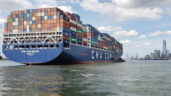 The container ship CMA/CGM Brazil enters the New York Harbor.