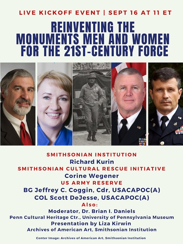 Infographic from the Smithsonian Cultural Rescue Initiative and the U.S. Army Civil Affairs and Psychological Operations Command (Airborne) for the "Reinventing the Monuments Men and Women for the 21st-Century Force" virtual event celebrating the inaugural training event of the next generation of Monuments Men and Women who will help to save conflict-affected cultural heritage around the world.