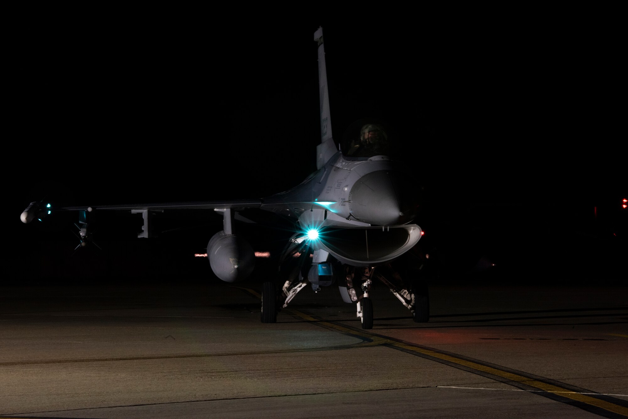 An F-16 Fighting Falcon, assigned to the 510th Fighter Squadron, Aviano Air Base, Italy, taxis to the runway at Royal Air Force Lakenheath, England, Sept. 8, 2020. The 510th FS is conducting close air support training with the 321st Special Tactics Squadron, the 19th Regiment Royal Artillery and the 2nd Air Support Operations Squadron to improve combat capabilities and interoperability between allied nations. (U.S. Air Force photo by Airman 1st Class Jessi Monte)