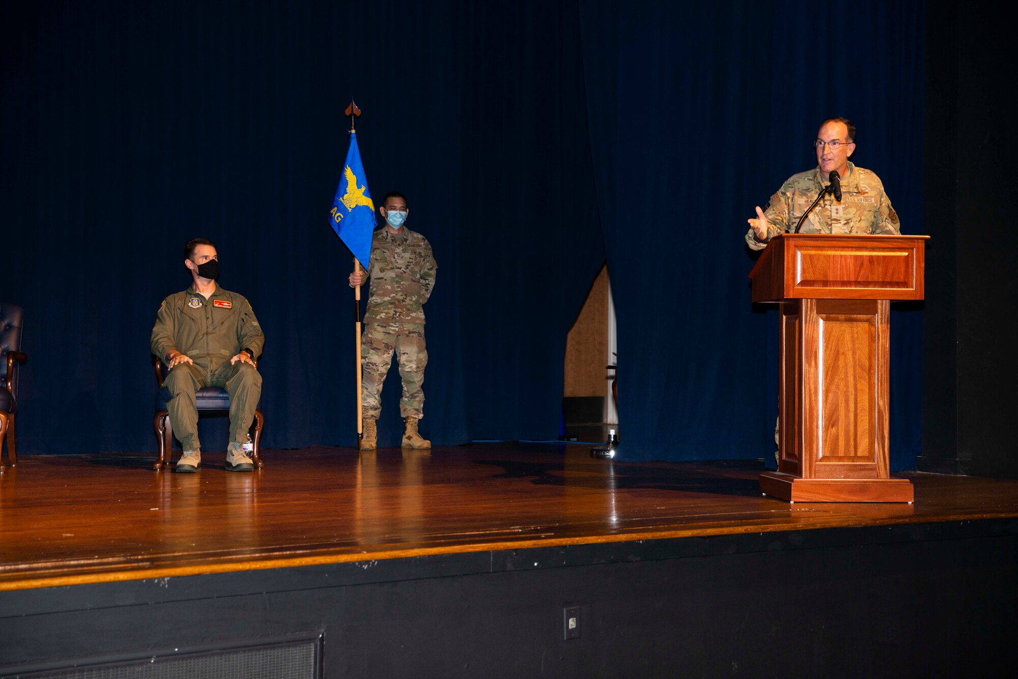 Maj. Gen. John P. Healy, 22nd Air Force commander, officiates an assumption of command ceremony for the 913th Airlift Group at Little Rock Air Force Base, Ark, Sept. 12, 2020. The 913th AG is part of the 22nd Air Force, Air Reserve Command and is the only reserve unit in the state of Arkansas. (U.S. Air Force Reserve photo by Senior Airman Chase Cannon)