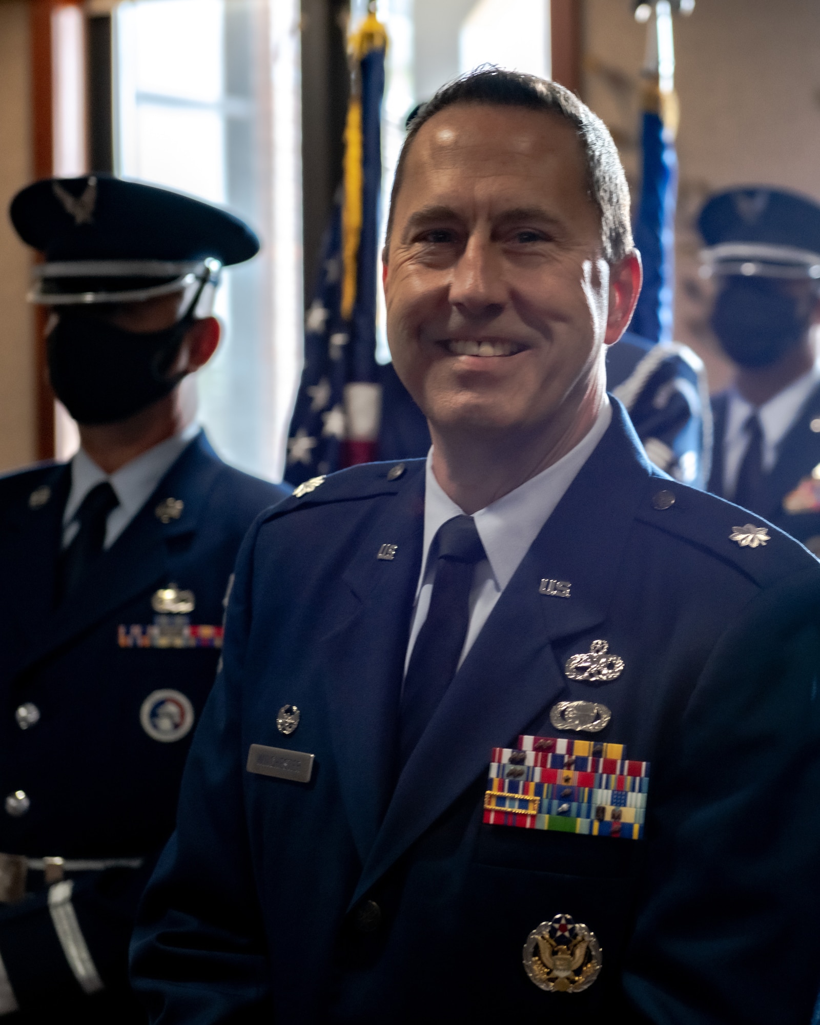 Lt. Col. Joe Winchester, the 910th Maintenance Group commander, gets into position to begin his assumption of command ceremony, Sept. 12, 2020, at Youngstown Air Reserve Station. Winchester replaced the outgoing commander, Col. Sharon Johnson.