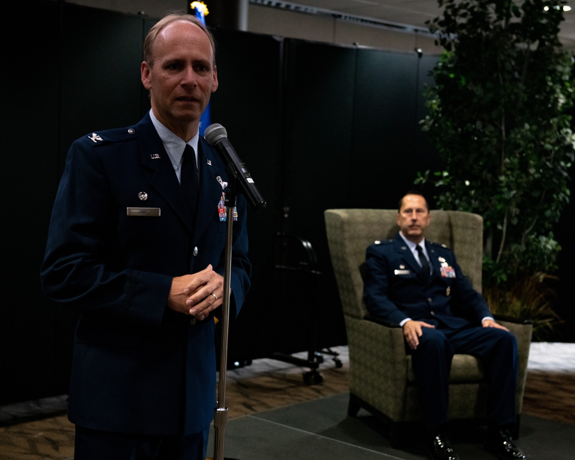 Col. Joe Janik, the commander of the 910th Airlift Wing, gives a speech at Lt. Col. Joe Winchester’s assumption of 910th Maintenance Group command ceremony, Sept. 12, 2020, at Youngstown Air Reserve Station. Winchester replaced the outgoing commander, Col. Sharon Johnson.