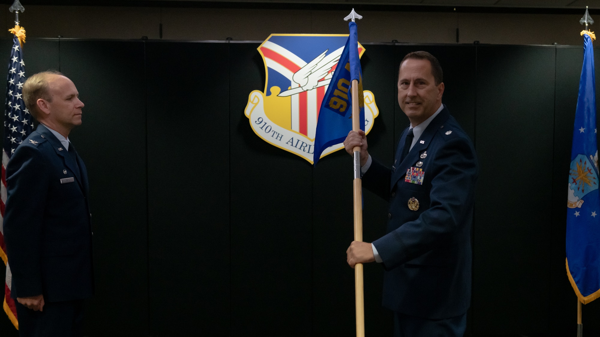 Lt. Col. Joe Winchester, the 910th Maintenance Group commander, officially assumes command of the 910th MXG, Sept. 12, 2020, at Youngstown Air Reserve Station. Winchester replaced the outgoing commander, Col. Sharon Johnson.