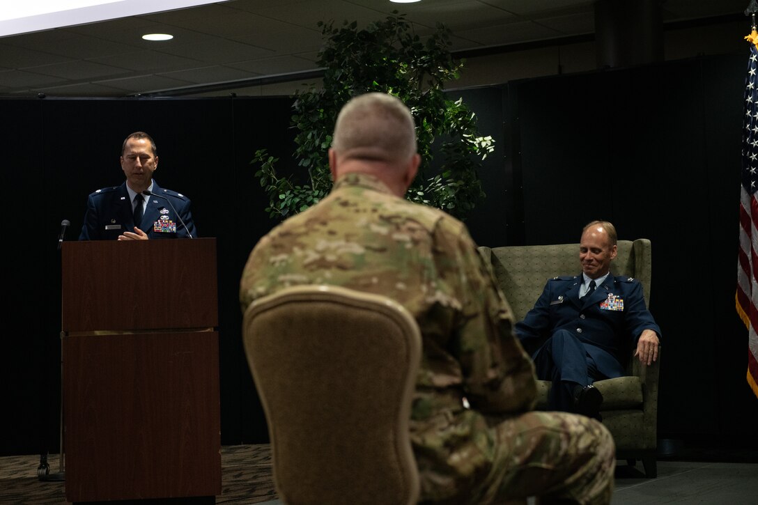 Lt. Col. Joe Winchester, the 910th Maintenance Group commander, gives a speech at his assumption of command ceremony, Sept. 12, 2020, at Youngstown Air Reserve Station. Winchester replaced the outgoing commander, Col. Sharon Johnson.