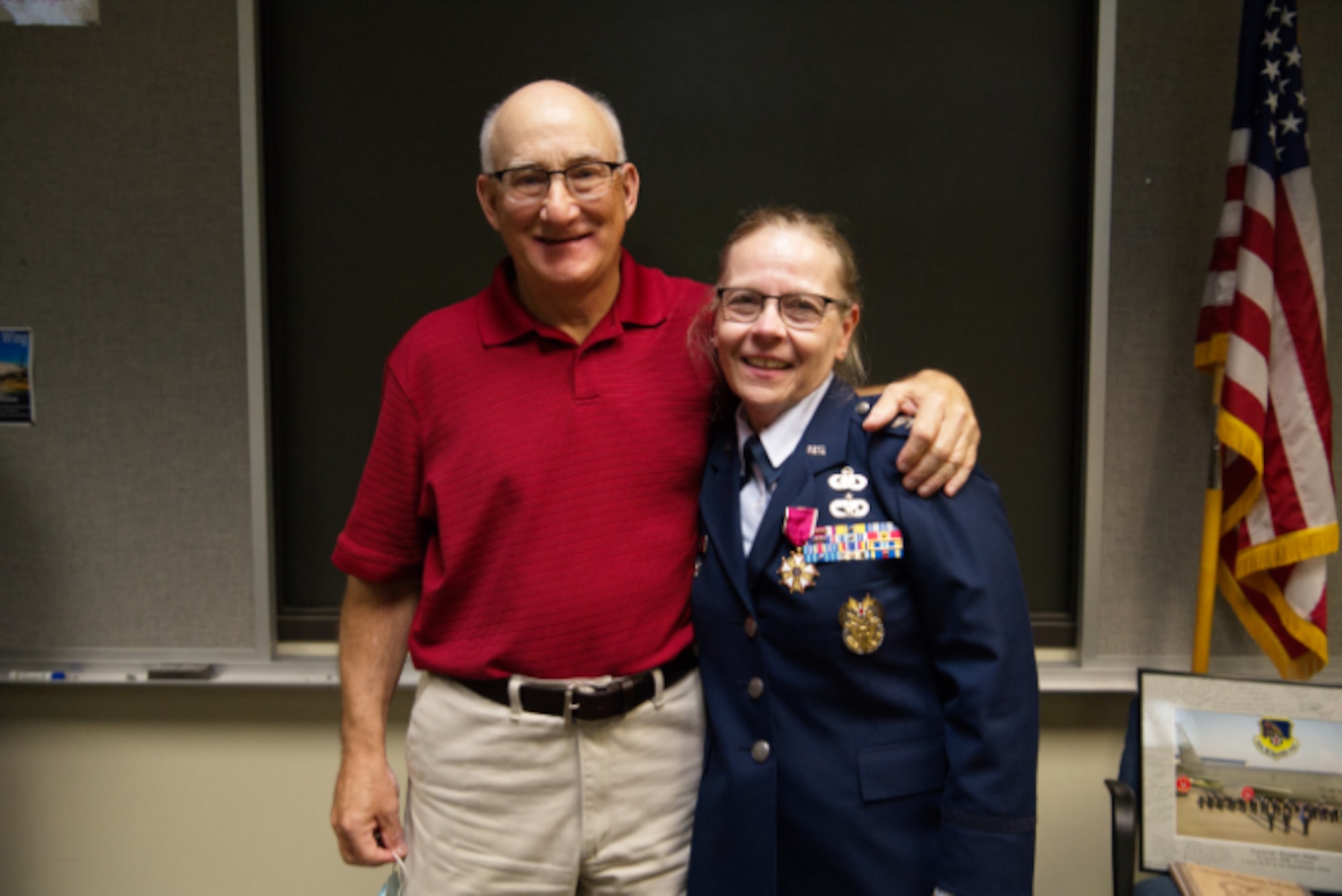 Col. Susan Maki, 434th Air Refueling Wing inspector general, poses for a photo with her husband Bob at Grissom Air Reserve Base, Ind., Sept. 12, 2020. Maki retired after 32 years of service in the Minnesota Air Guard and Air Force Reserve. (U.S. Air Force Photo / A1C Harrison Withrow)