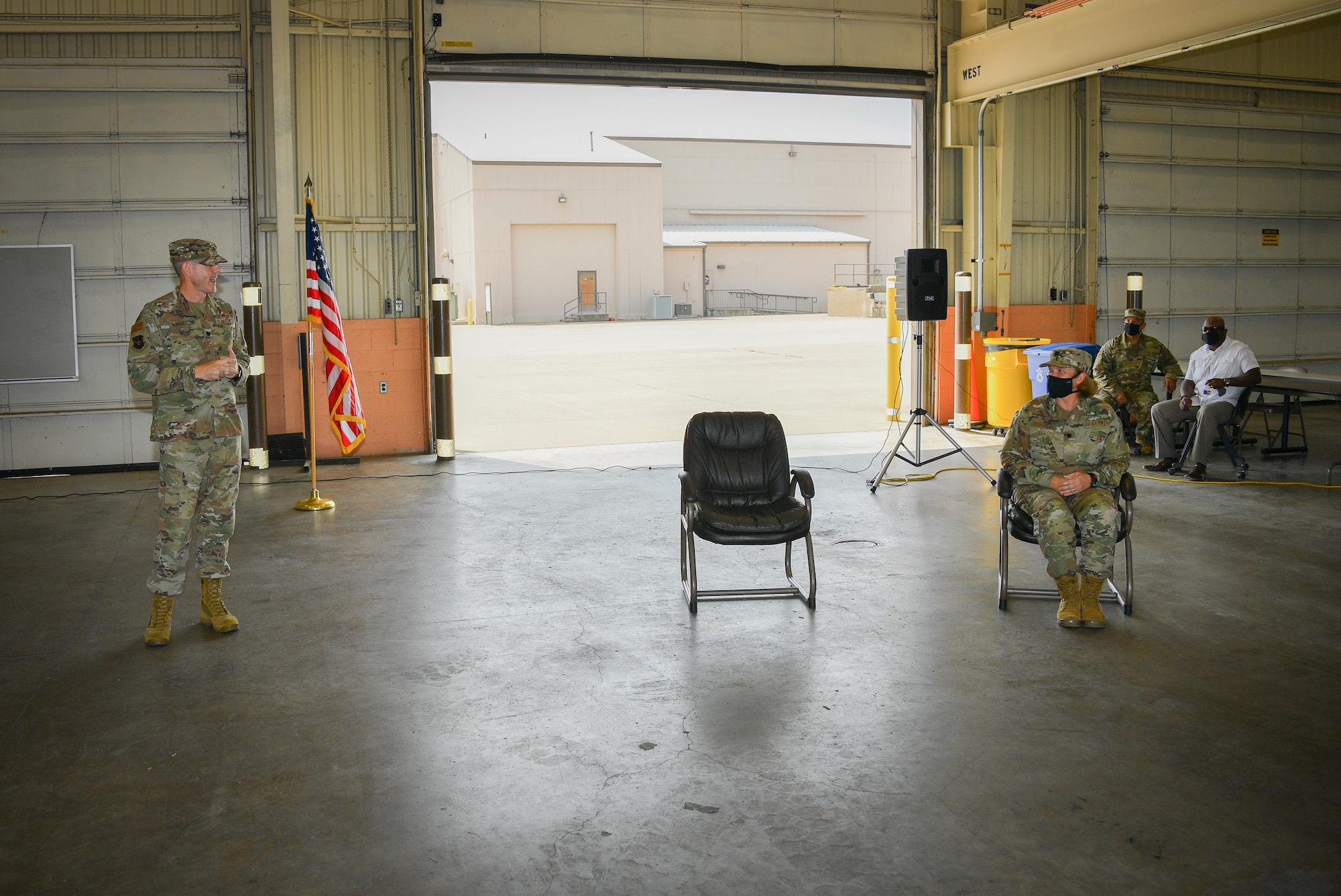 (Left to right) Lt. Col. Jeremy Moore, 301st Mission Support Group, deputy commander, presides over the 301st Fighter Wing Logistics Readiness Squadron Assumption of Command ceremony where Lt. Col. Farrah Schluter took command on September 13, 2020, at U.S. Naval Air Station Joint Reserve Base Fort Worth, Texas. Schluter stated that she will hopes to lead with compassion, trust as she takes care of her Airmen. (U.S. Air Force photo by Staff Sgt. Randall Moose)