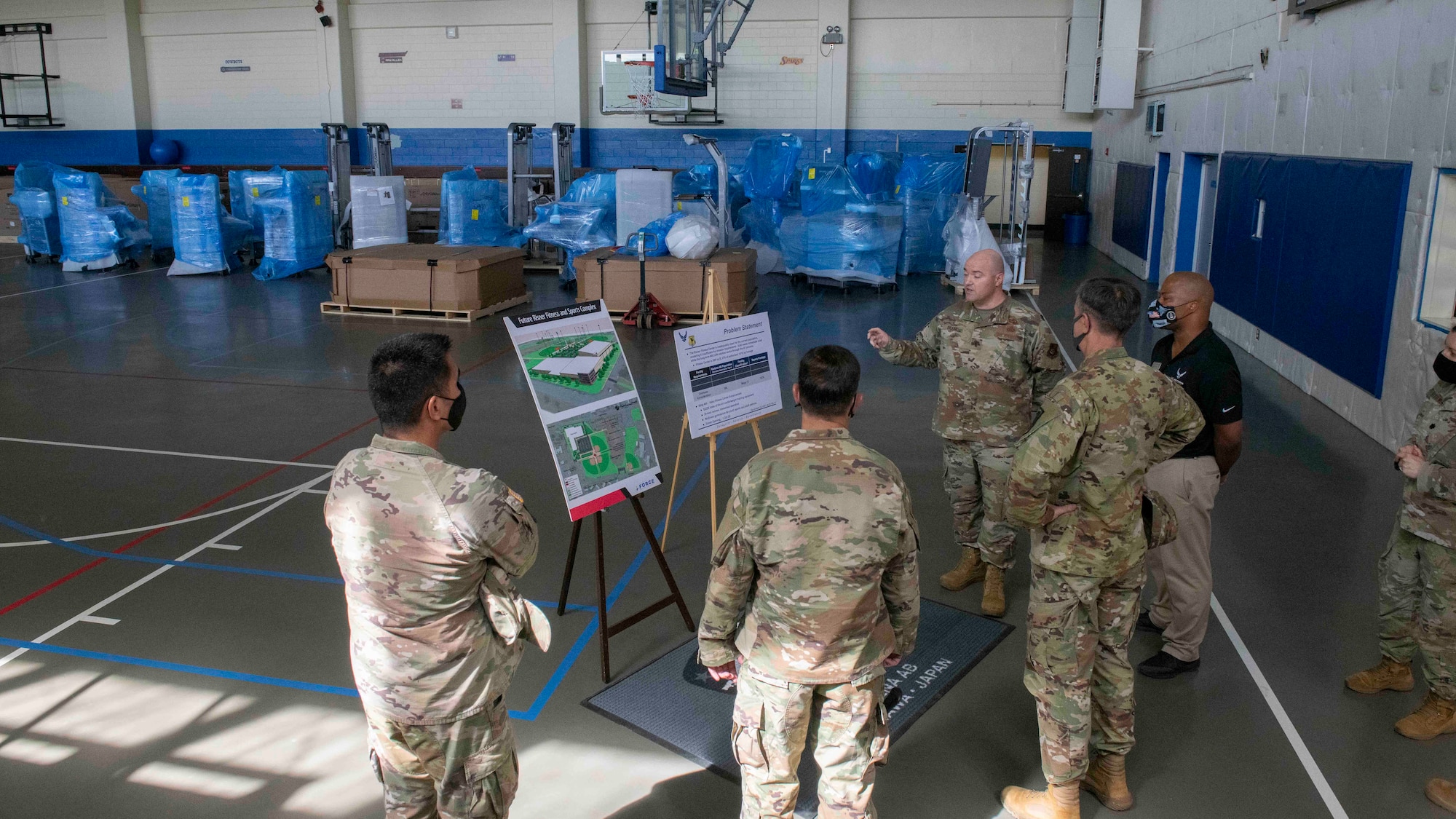 U.S. Air Force Lt. Gen. Kevin B. Schneider, U.S. Forces Japan and Fifth Air Force commander, and Chief Master Sgt. Rick Winegardner, USFJ senior enlisted leader, tour the new Habu Fitness Center still under construction, Sept. 11, 2020, at Kadena Air Base, Japan. Lt. Gen. Schneider and Chief Master Sgt. Winegardner visited Team Kadena and received mission operations feedback from members of Team Kadena and listened to their concerns which included COVID-19, mental health, leadership, and training. (U.S. Air Force photo by Staff Sgt. Peter Reft)