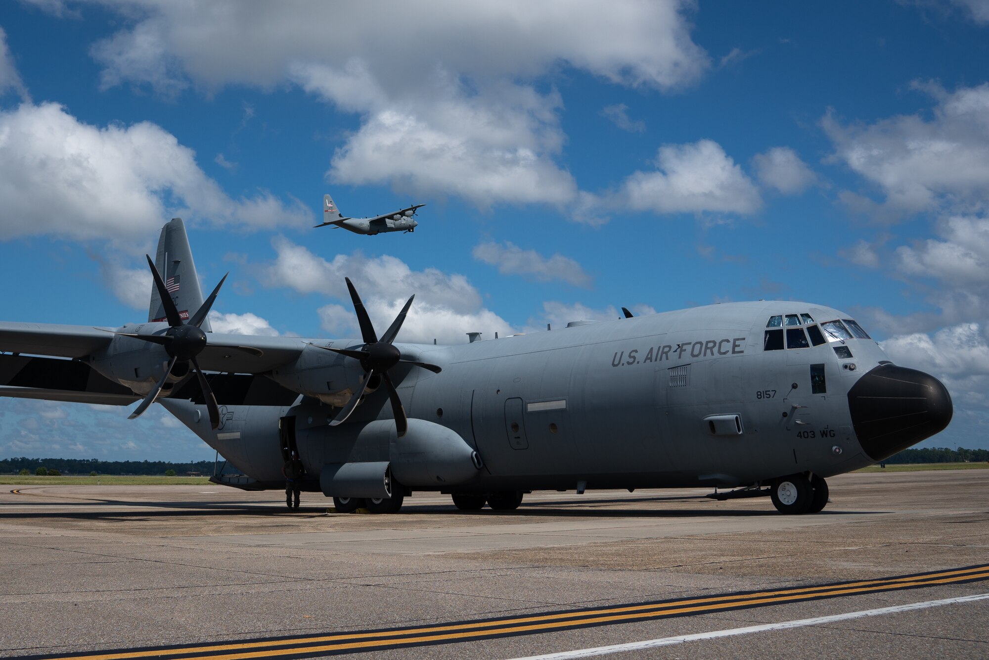 The Air Force Reserve 403rd Wing began evacuating its aircraft due to the impending weather conditions Tropical Sally is forecasted to create Sept. 13, 2020. The 815th Airlift Squadron C-130J "Flying Jennies" and the 53rd Weather Reconnaissance Squadron WC-130J "Hurricane Hunters" relocated to Joint Base San Antonio and Ellington Airport, Texas. The 53rd WRS will continue to fly data collection missions to support the National Hurricane Center from Ellington.