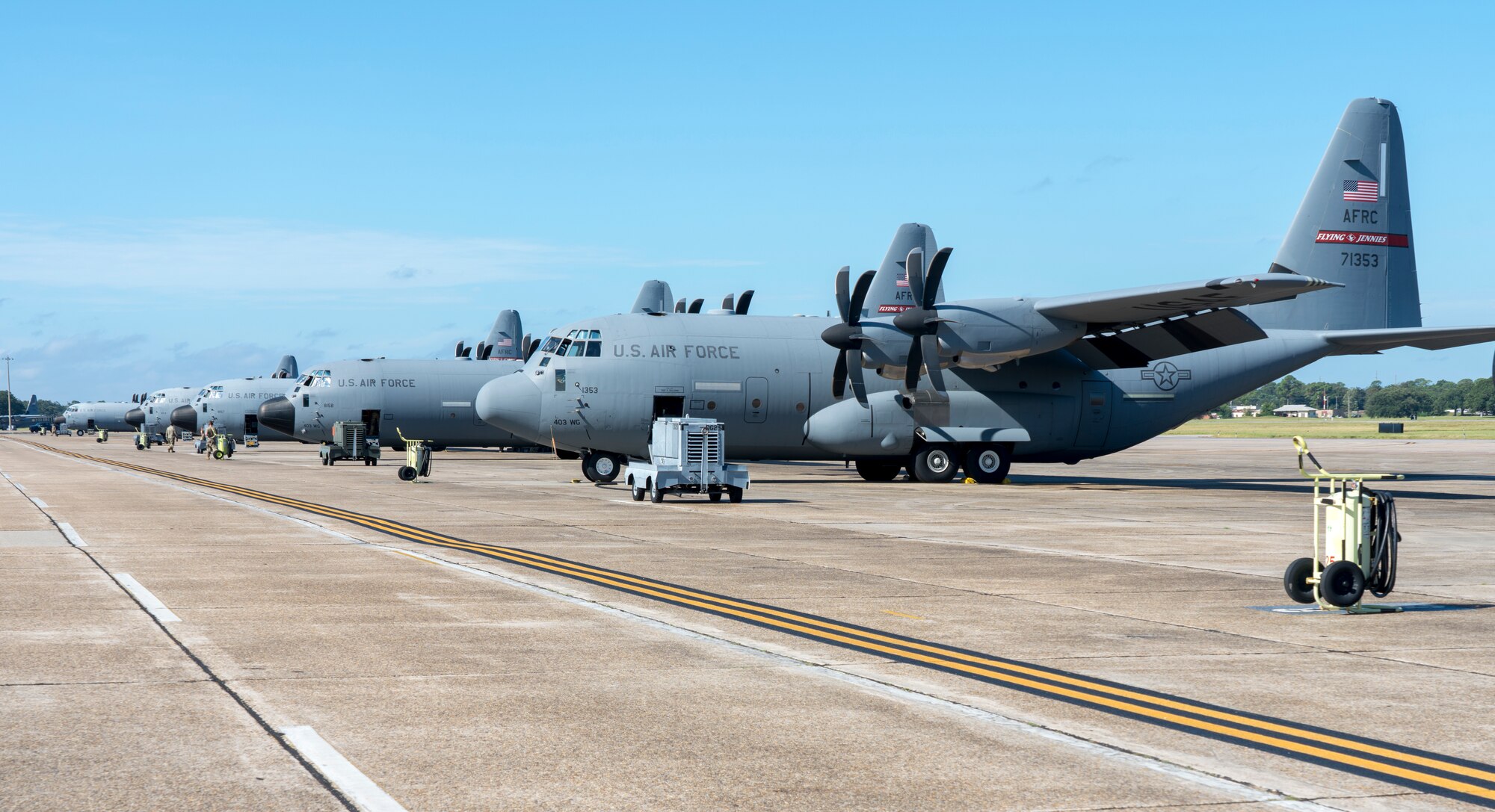 The Air Force Reserve 403rd Wing began evacuating its aircraft due to the impending weather conditions Tropical Sally is forecasted to create Sept. 13, 2020. The 815th Airlift Squadron C-130J "Flying Jennies" and the 53rd Weather Reconnaissance Squadron WC-130J "Hurricane Hunters" relocated to Joint Base San Antonio and Ellington Airport, Texas. The 53rd WRS will continue to fly data collection missions to support the National Hurricane Center from Ellington.