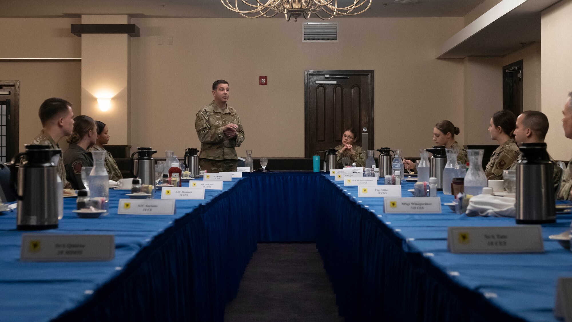 U.S. Air Force Chief Master Sgt. Rick Winegardner, U.S. Forces Japan senior enlisted leader, and Chief Master Sgt. Jessica Bender, 18th Wing command chief master sergeant, hold a breakfast with Airmen, Sept. 11, 2020, at Kadena Air Base, Japan. Winegardner spoke about training, readiness, racial disparity, mental health, and leadership goals. The visit by USFJ leaders enabled them to communicate headquarters strategies directly to Team Kadena as well as receive feedback and listen to Airmen’s concerns. (U.S. Air Force photo by Staff Sgt. Peter Reft)