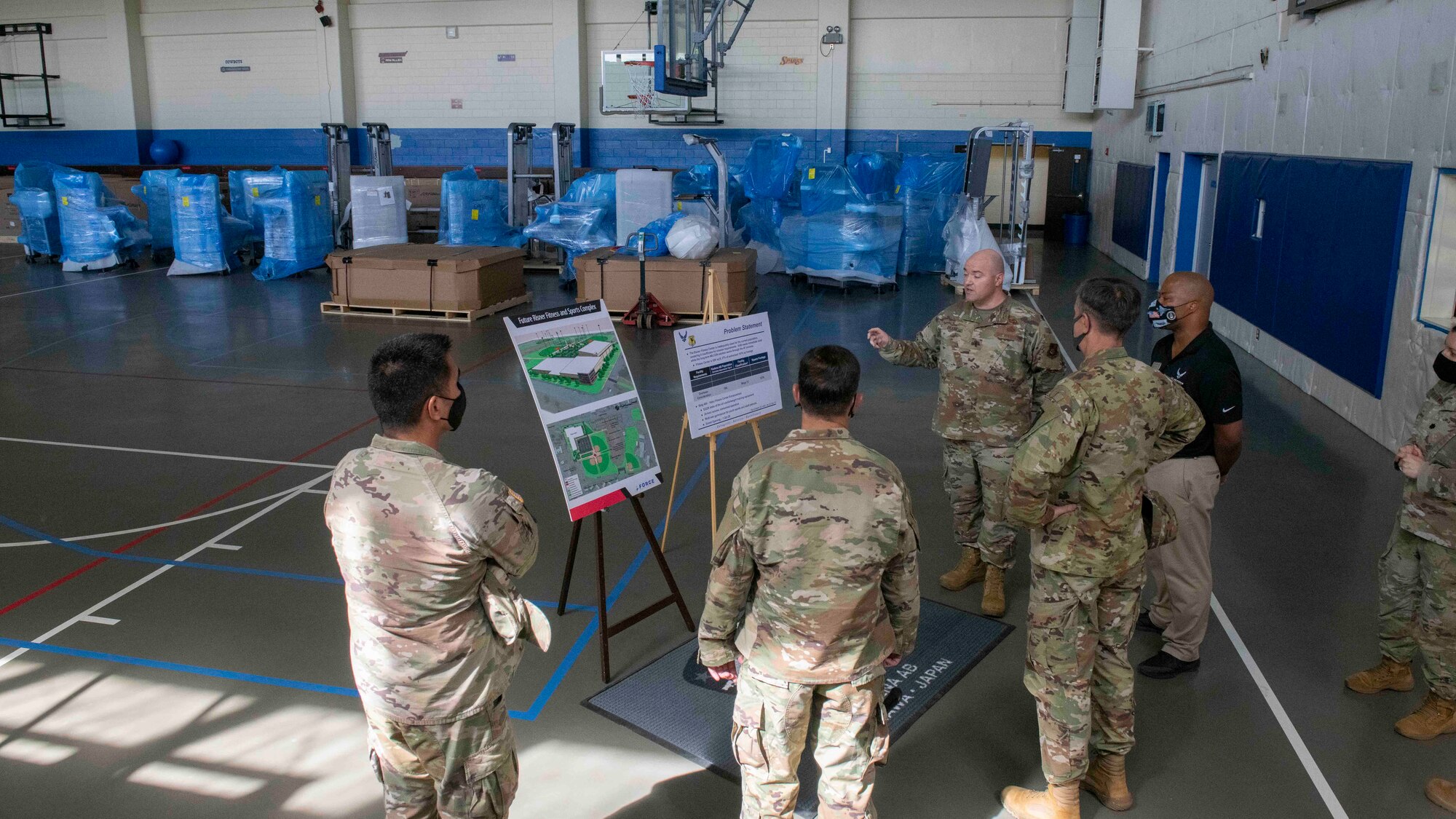 U.S. Air Force Lt. Gen. Kevin B. Schneider, U.S. Forces Japan and Fifth Air Force commander, and Chief Master Sgt. Rick Winegardner, USFJ senior enlisted leader, tour the new Habu Fitness Center still under construction, Sept. 11, 2020, at Kadena Air Base, Japan. Lt. Gen. Schneider and Chief Master Sgt. Winegardner visited Team Kadena and received mission operations feedback from members of Team Kadena and listened to their concerns which included COVID-19, mental health, leadership, and training. (U.S. Air Force photo by Staff Sgt. Peter Reft)