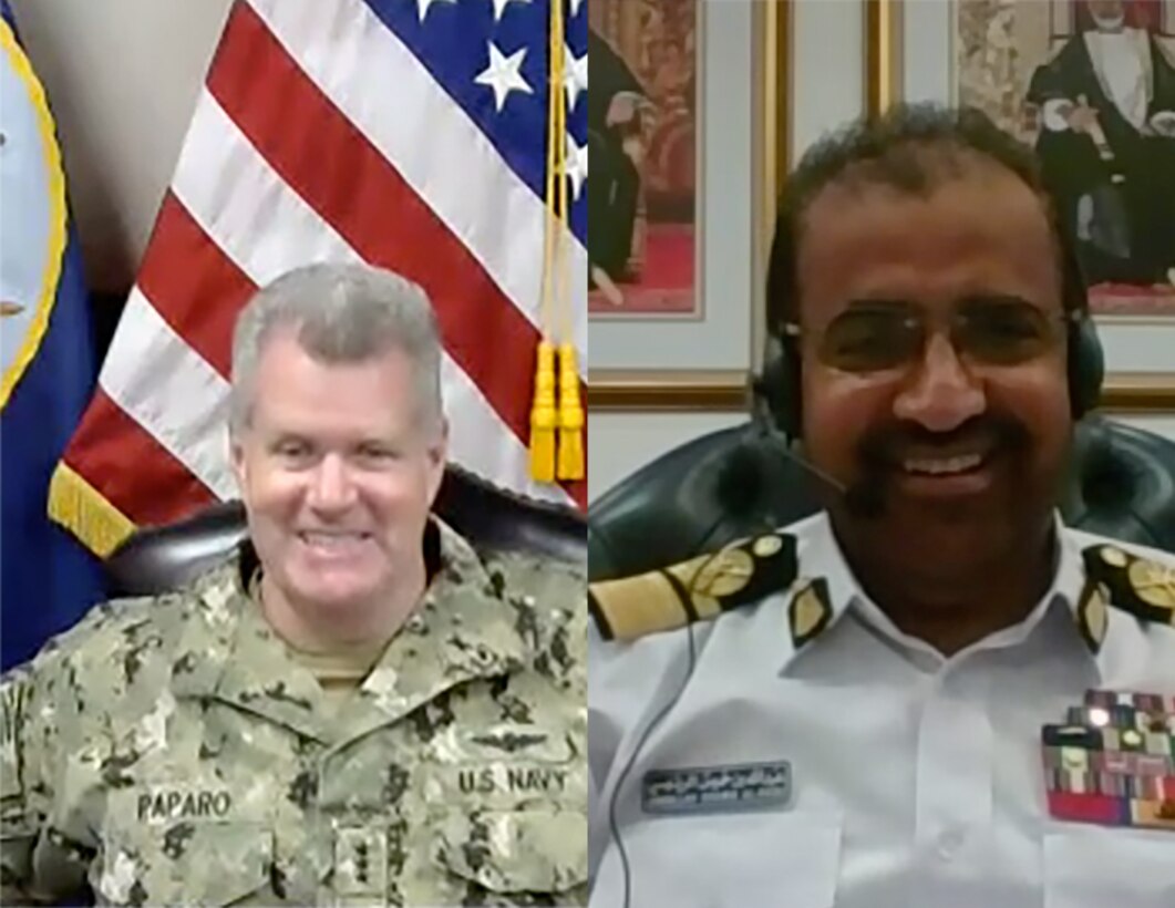 U.S. Naval Forces Central Command/5th Fleet/Combined Maritime Forces Commander Vice Adm. Samuel Paparo met via video conference with Commander of the Royal Navy of Oman, Rear Adm. Abdullah Al-Raisi, Sept. 13 to reaffirm the longstanding defense relationship between the United States and Oman.