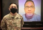 Sgt. Gregory San Agustin of the Guam National Guard's Bravo Company, 1-294th Infantry Regiment, left, during a video call with Capt. Duane Sablan at San Agustin's coining ceremony in Barrigada Sept.14, 2020 San Agustin rendered care to Sablan during a massive heart attack Sept. 11.