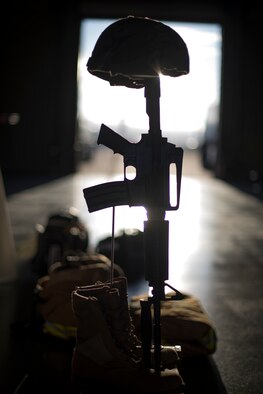 A memorial display is displayed at a 9/11 memorial ceremony at Hurlburt Field, Florida, Sept. 11, 2020. The ceremony was especially dedicated to the hundreds of first responders who died on 9/11 while saving the lives of others. (U.S. Air Force photo by Tech. Sgt. Victor J. Caputo)
