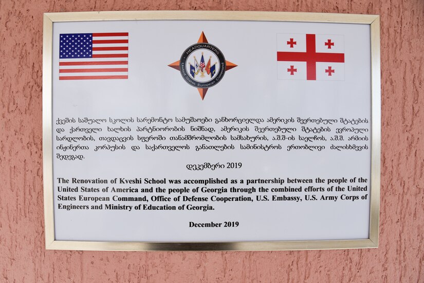 The Eastern European nation of Georgia teamed with the U.S. Embassy-Tbilisi Office of Defense Cooperation to provide a school renovation project, valued at $880,000 and built by USACE.