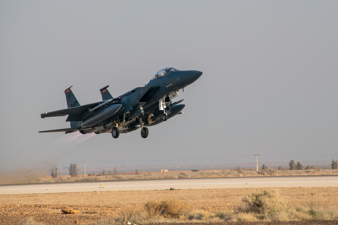 A U.S. Air Force F-15E Strike Eagle takes off from the 332d Air Expeditionary Wing February 13, 2020, at an undisclosed location in Southwest Asia. The F-15E is a maneuverable tactical fighter designed to allow the Air Force to establish air superiority over the battlefield. (U.S. Air Force photo by Staff Sgt. Alexandria Brun)