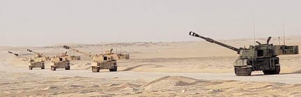 Battery C, 1st Battalion, 161st Field Artillery Regiment, 130th Field Artillery Brigade Artillery, Kansas Army National Guard out of Newton, Kansas, conducts an emergency fire mission while en route to the next training area at Camp Buehring, Kuwait, September 2019. This mission is conducted as part of field artillery table certification.