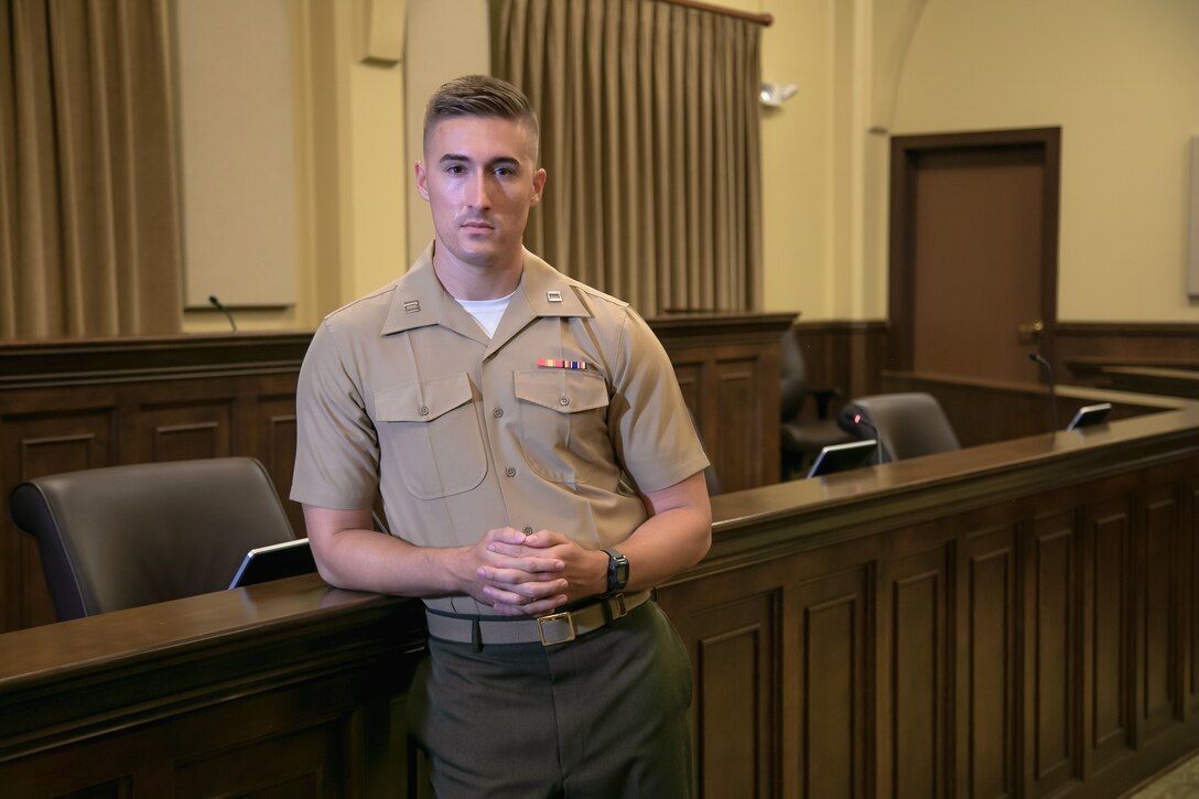 U.S. Marine Corps Capt. Matthew T. Kiefer participates in a mock trial at the Marine Corps Recruit Depot courtroom in San Diego, Calif. on August 14, 2020. The mock trial was formed to support video and image obtainment for the 12th Marine Corps District. (U.S. Marine Corps photo by 1st Lt. Mallory S. VanderSchans)