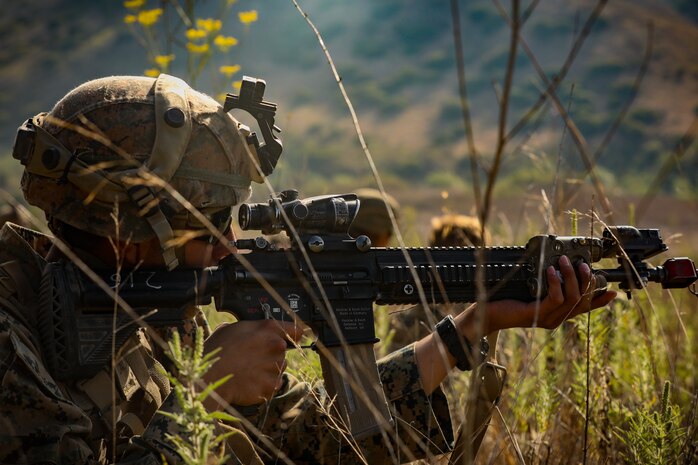 A U.S. Marine engages a simulated enemy during a Marine Corps Combat Readiness Evaluation on Marine Corps Base Camp Pendleton, Calif., Aug. 12.