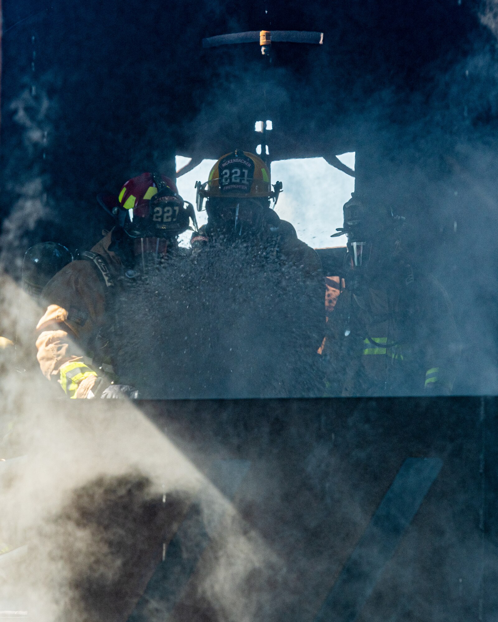 Firefighters from Rickenbacker Air National Guard extinguish an internal aircraft fire, Sept. 9, 2020, at Youngstown Air Reserve Station’s burn pit. About 40 Citizen Airmen from RANG’s fire department came to the 910th Airlift Wing, Sept. 8-10, to do their annual live-fire training.