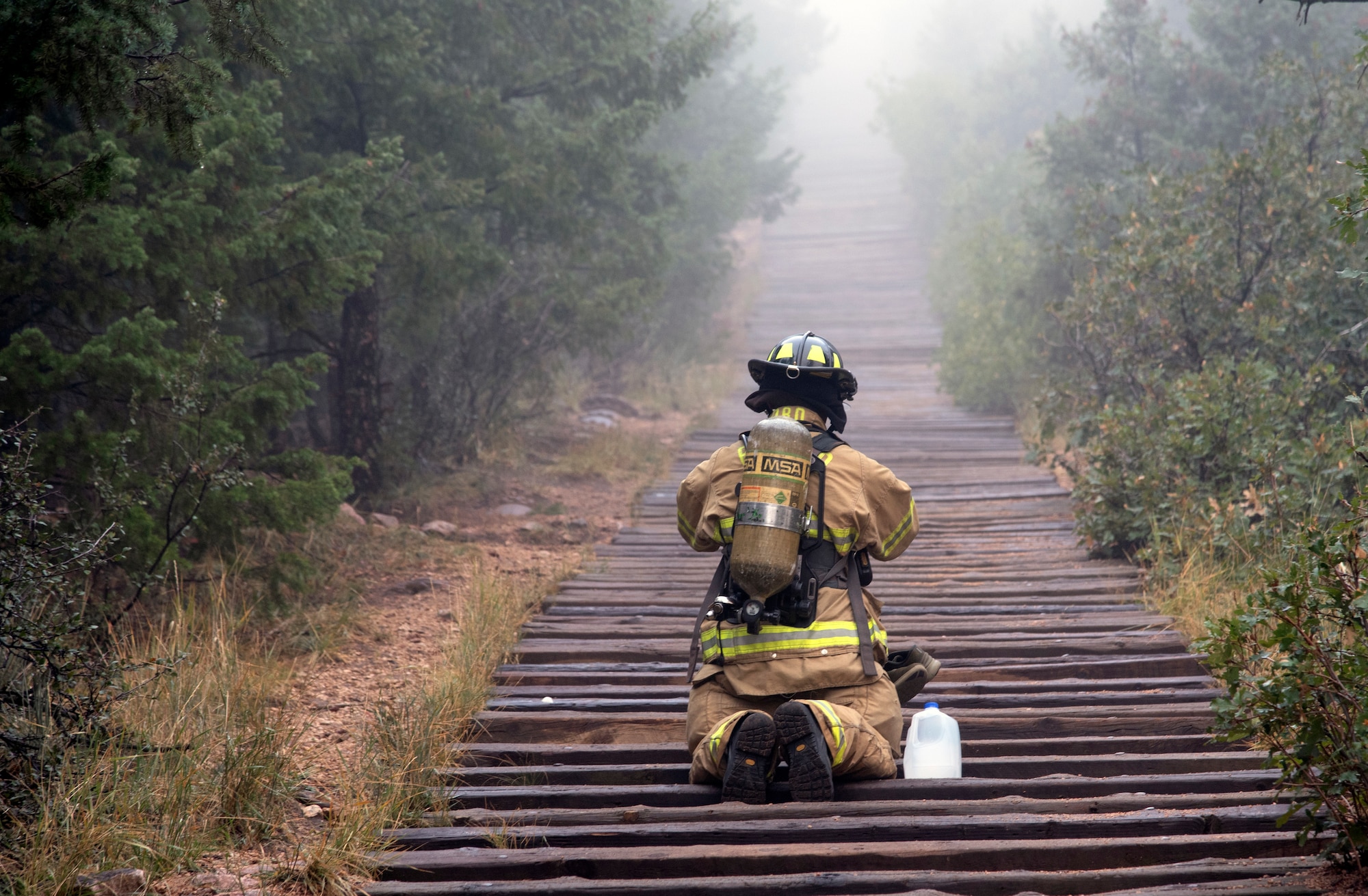Front Range firefighters climb the Manitou Incline in full bunker gear in Manitou Springs on Sept. 11, 2020.