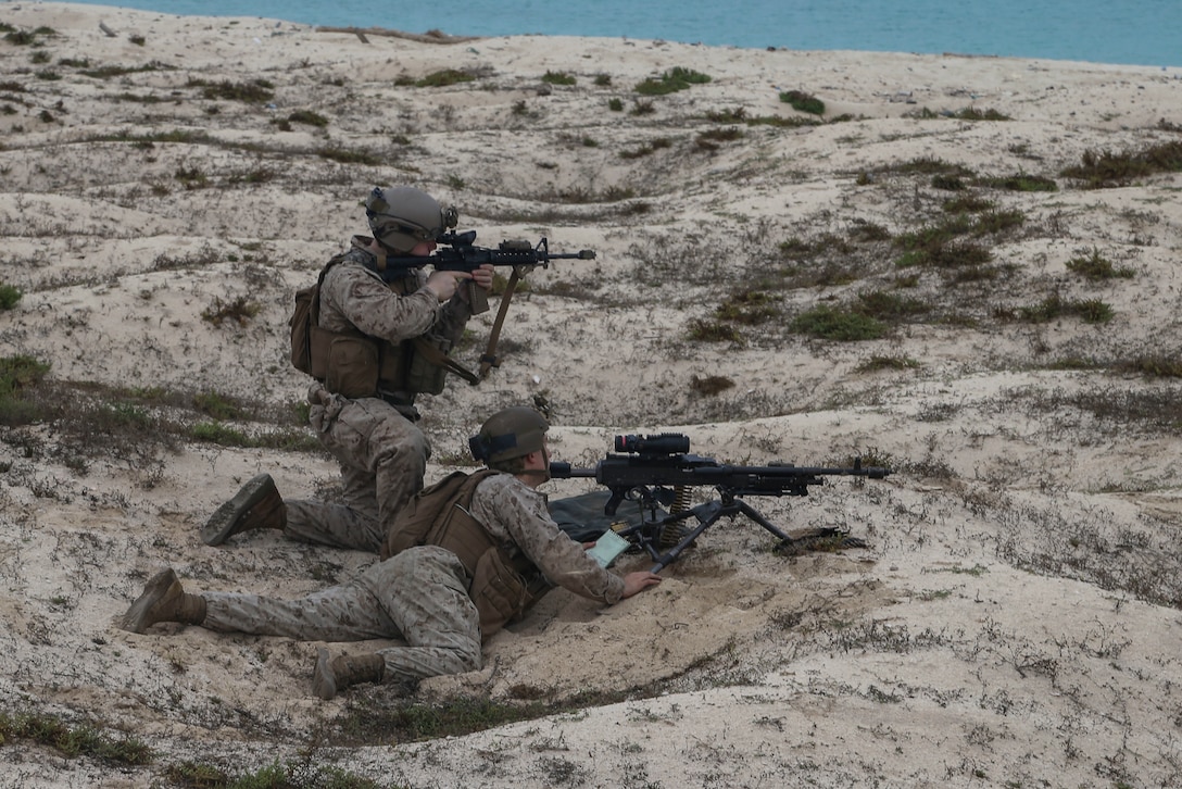 U.S. Marines establish their defensive position during platoon-level training on Karan Island, Saudi Arabia, April 21.