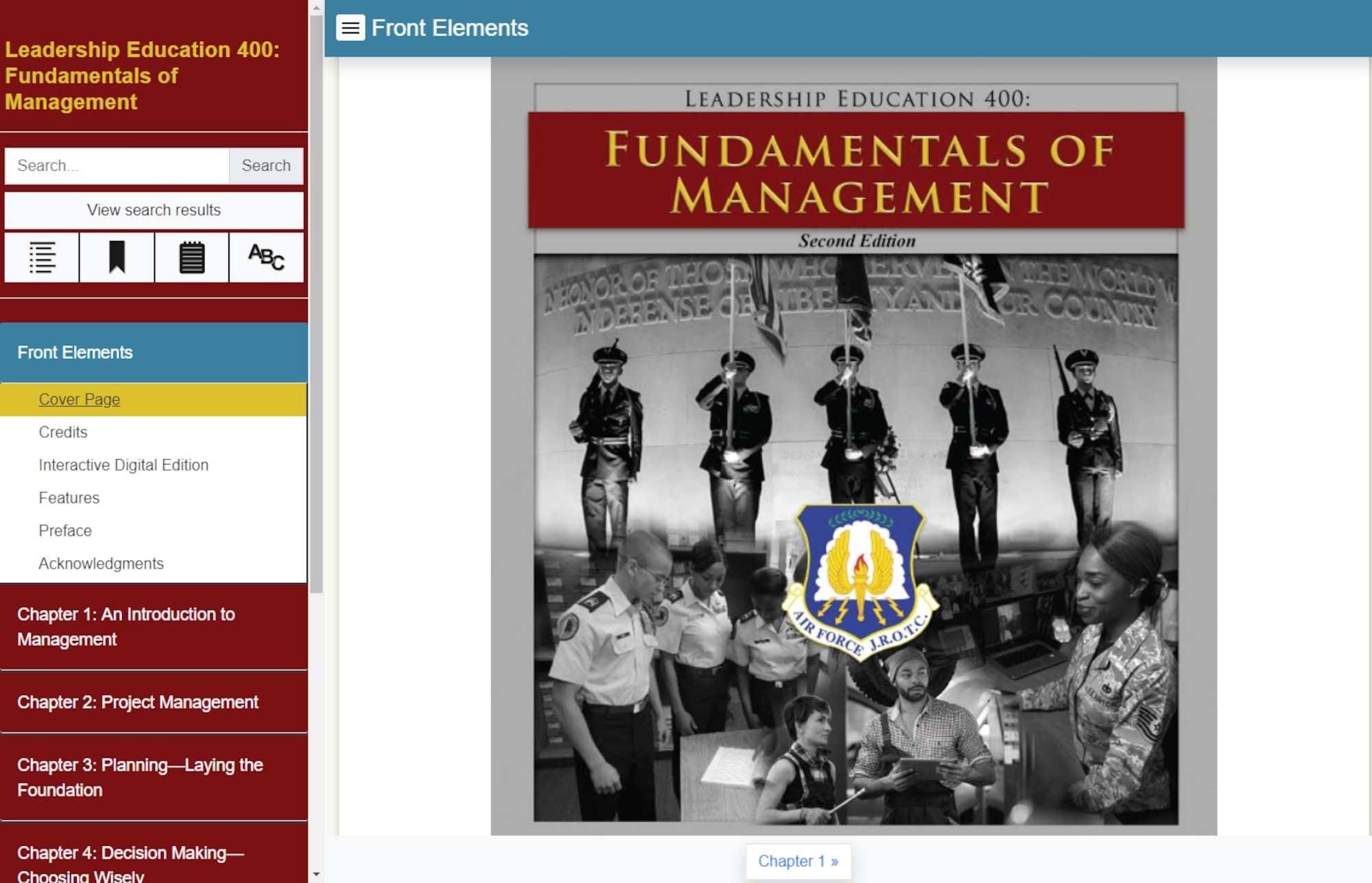 The Leadership Education 400: Fundamentals of Management user interface and cover page. The LE 400 is a part of Air Force Junior Reserve Officer Training Corps curriculum, and it is available to more than 125,000 cadets participating in the program around the world. (courtesy graphic)