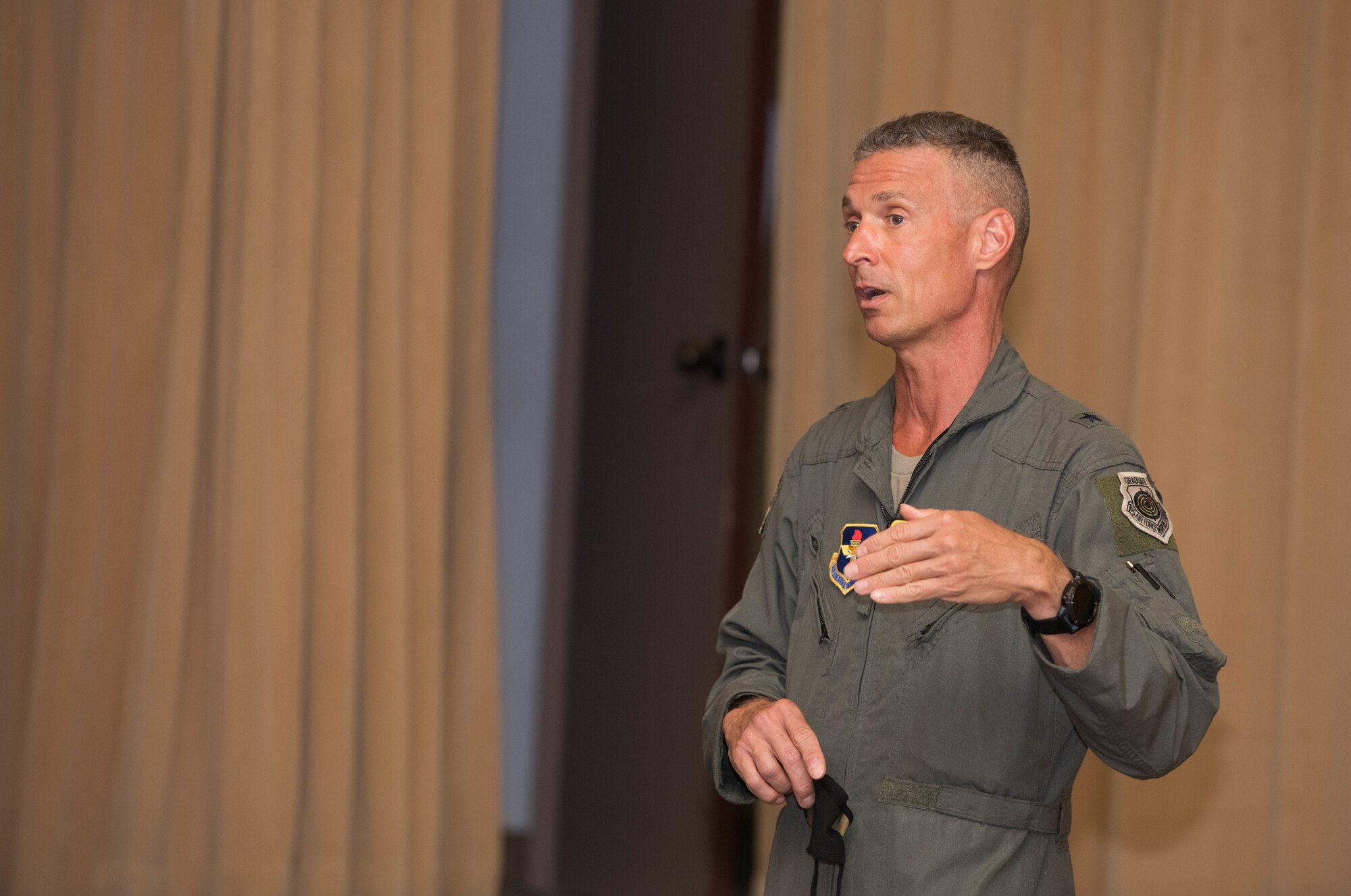 Brig. Gen. Gregory Kreuder, 56th Fighter Wing commander, answers questions during a town hall meeting Sept. 8, 2020, at Luke Air Force Base, Ariz.